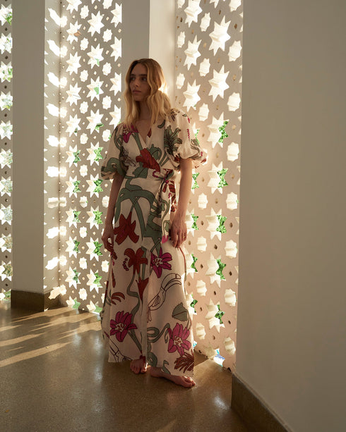 Ermita Wrap Linen Dress / Fuchsia Garden